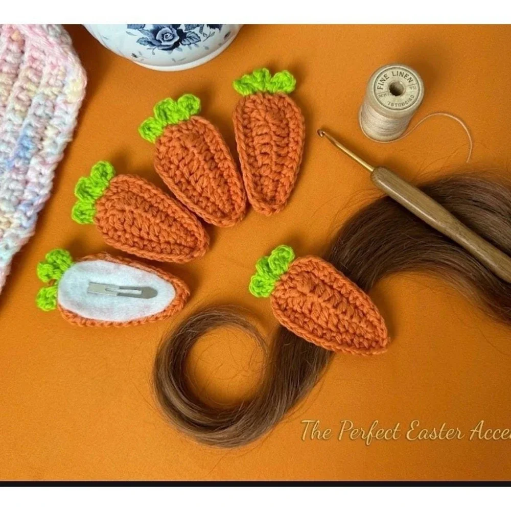 Handmade Crochet Carrot Hair Clips cotton Orange Green Easter Spring‎ Accessory